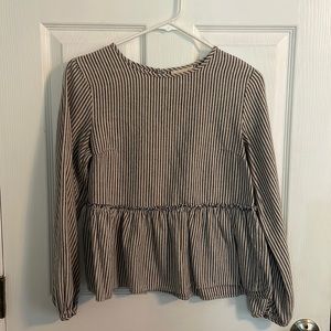 Women’s Blue and White Striped Long Sleeve Peplum Top